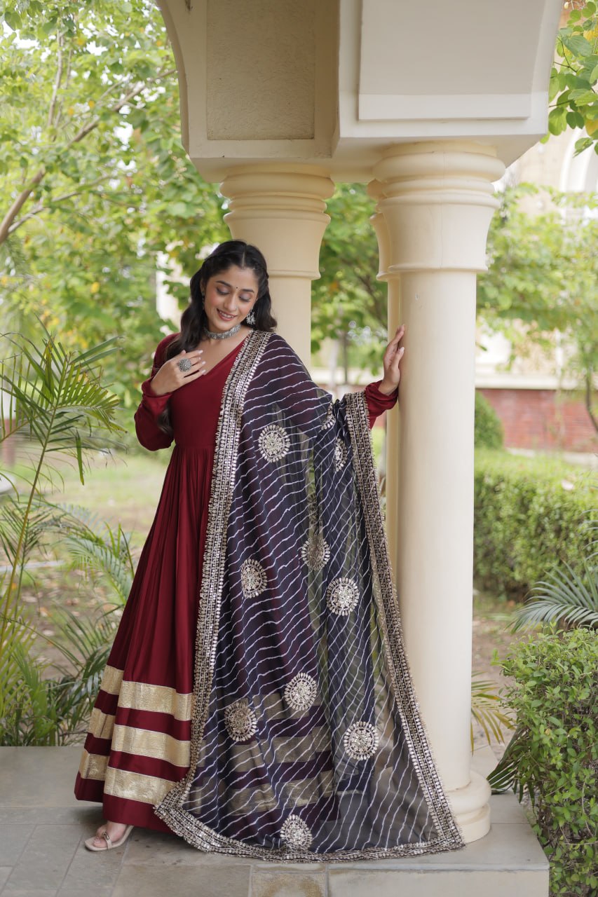 Maroon Gota Patti Gown With Dupatta