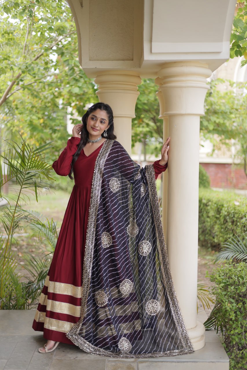 Maroon Gota Patti Gown With Dupatta