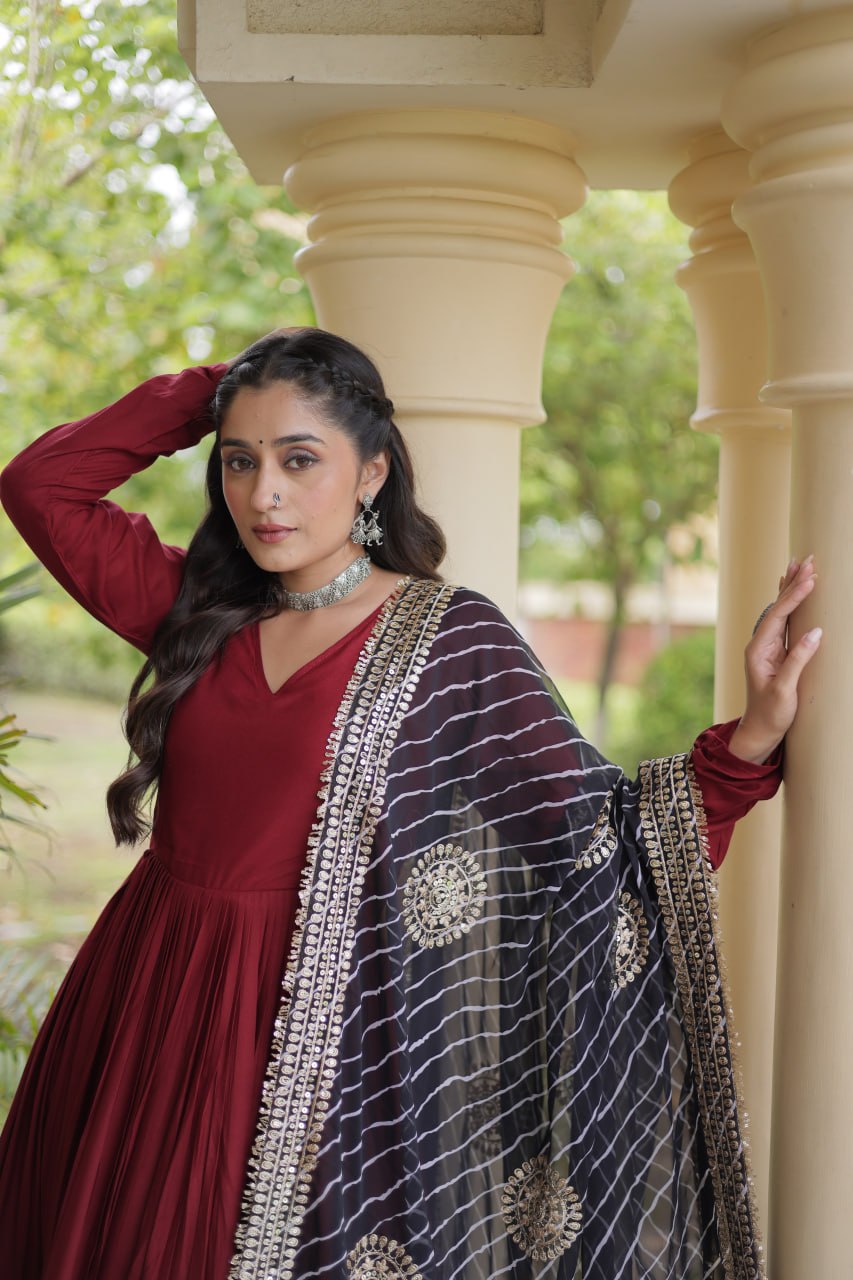 Maroon Gota Patti Gown With Dupatta