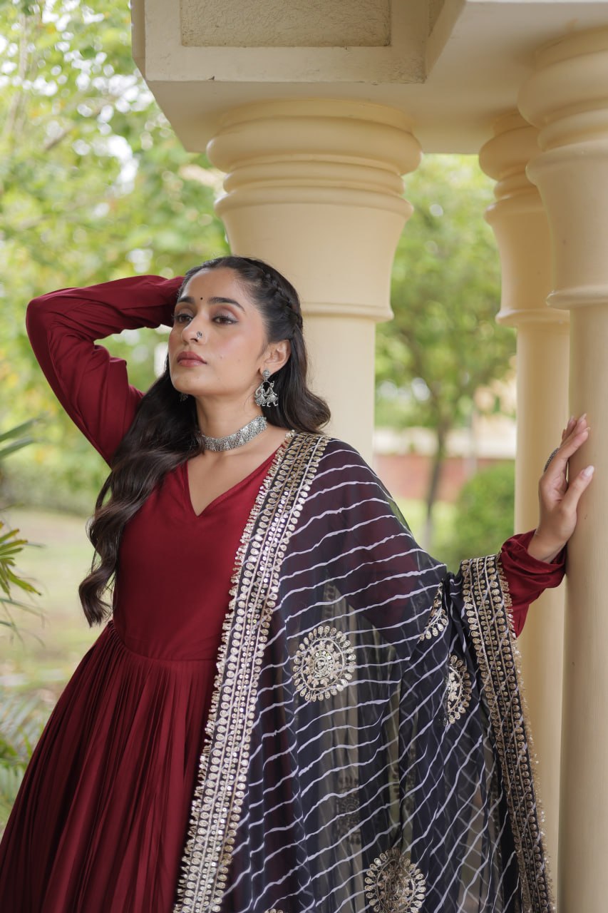 Maroon Gota Patti Gown With Dupatta