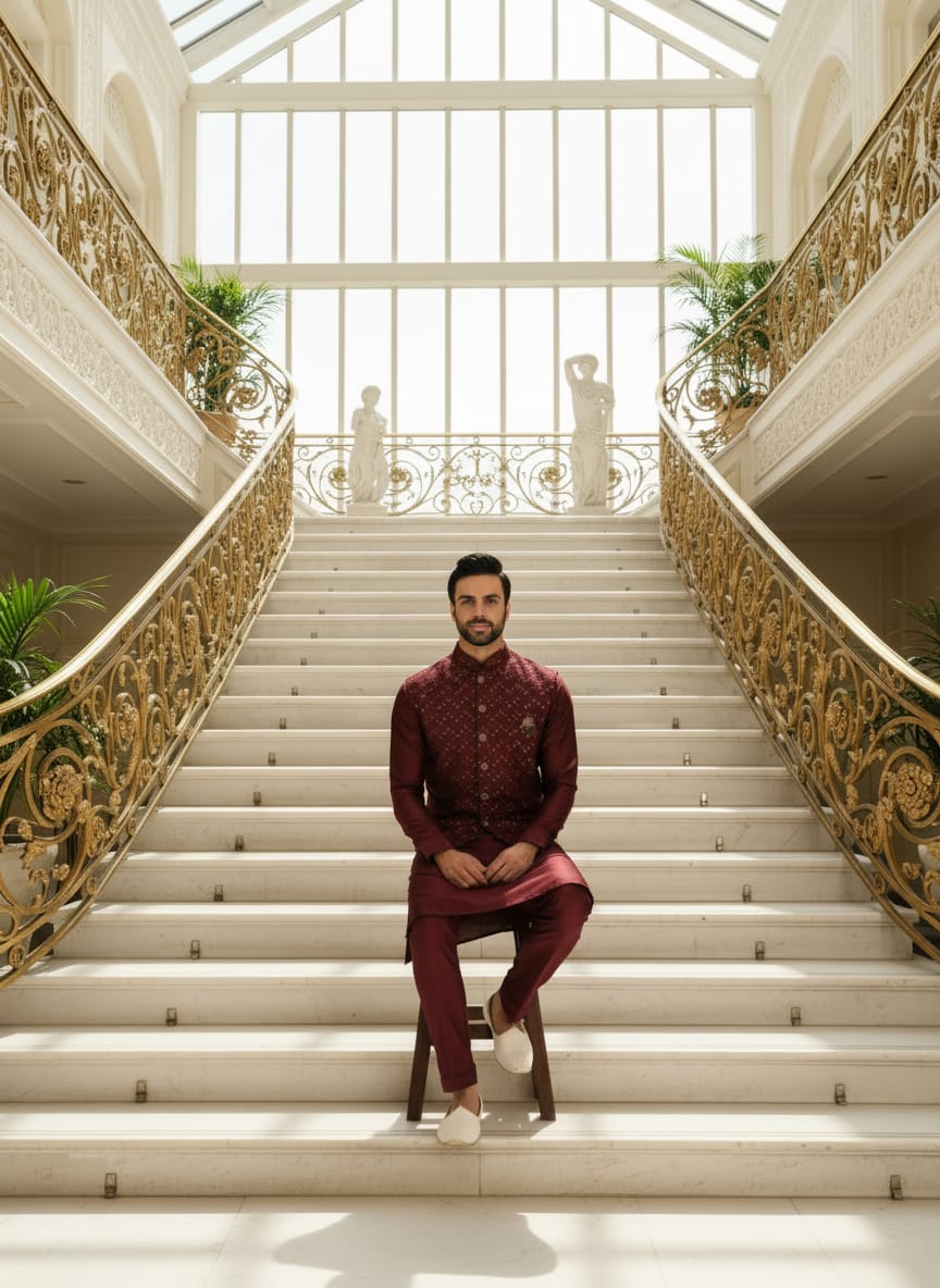 Maroon Jalburry Kurta Pant Set