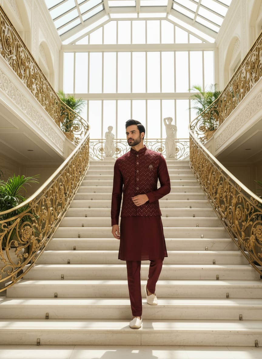 Maroon Jalburry Kurta Pant Set