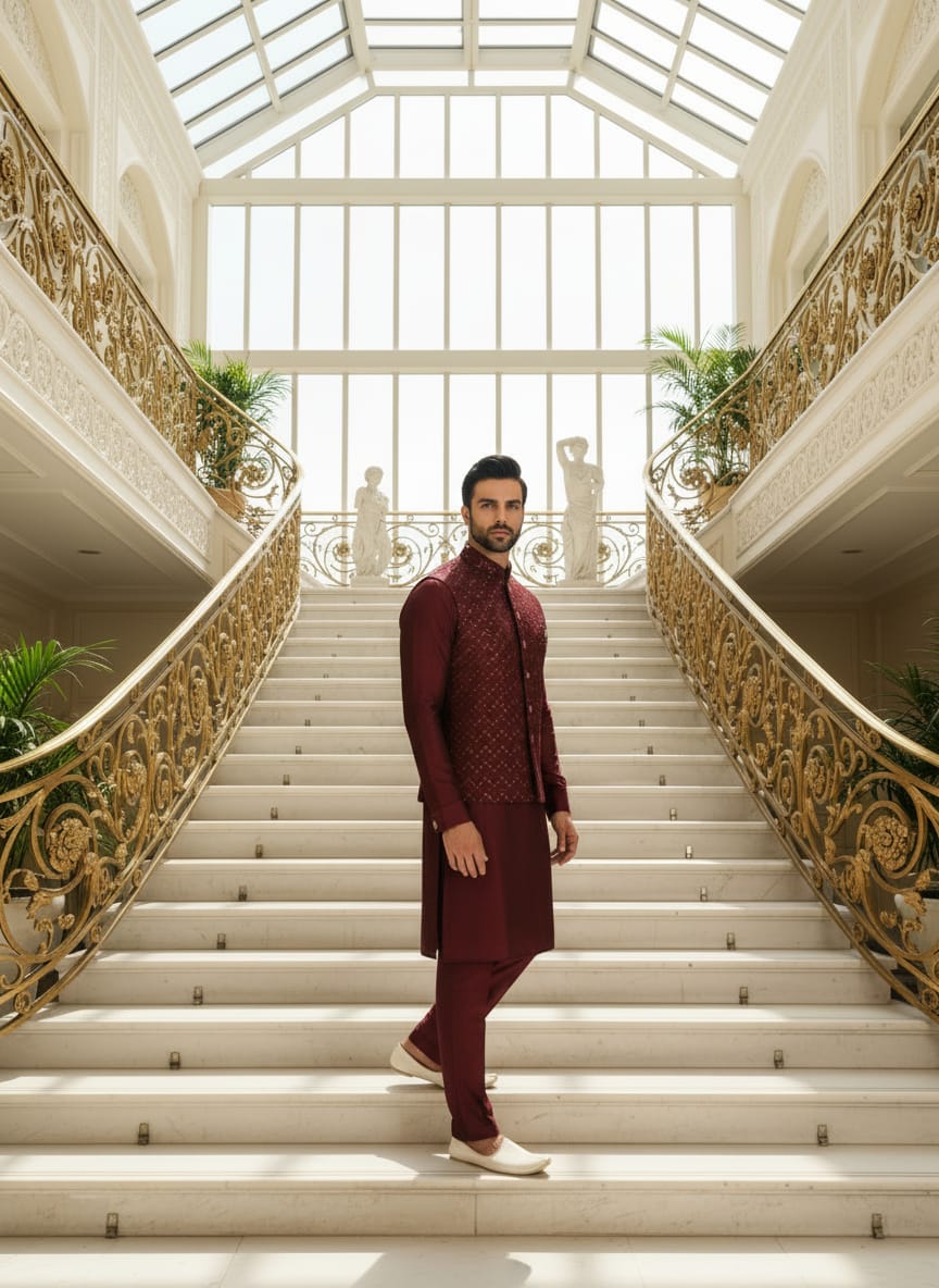 Maroon Jalburry Kurta Pant Set