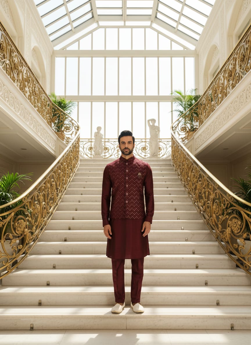 Maroon Jalburry Kurta Pant Set