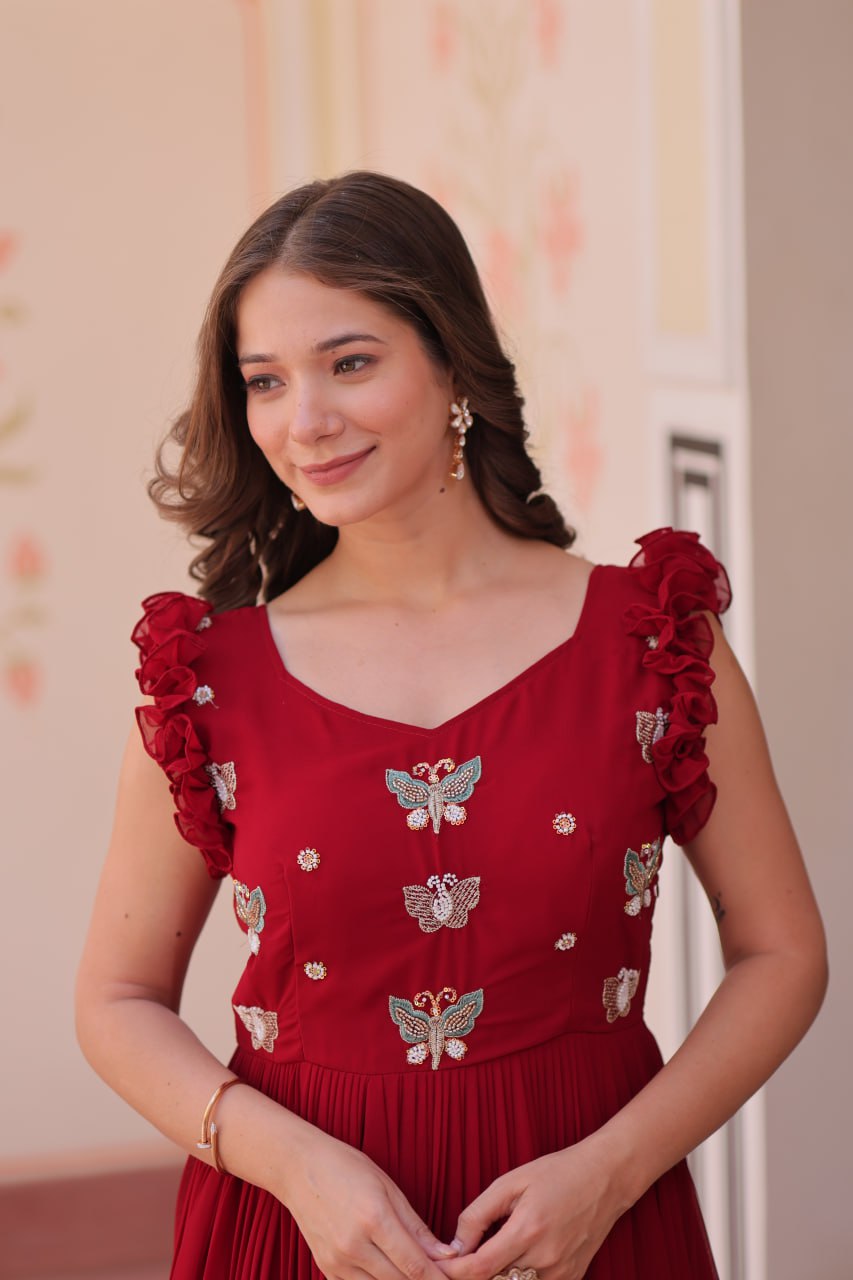 Maroon Luxe Faux Blooming Embroidered Gown with Double Frill Sleeves