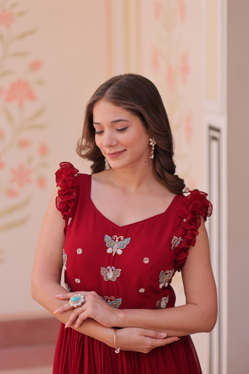 Maroon Luxe Faux Blooming Embroidered Gown with Double Frill Sleeves
