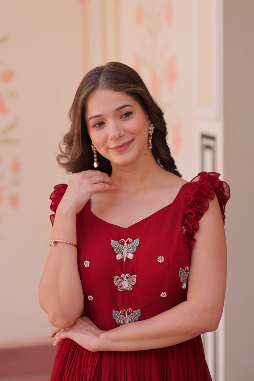 Maroon Luxe Faux Blooming Embroidered Gown with Double Frill Sleeves