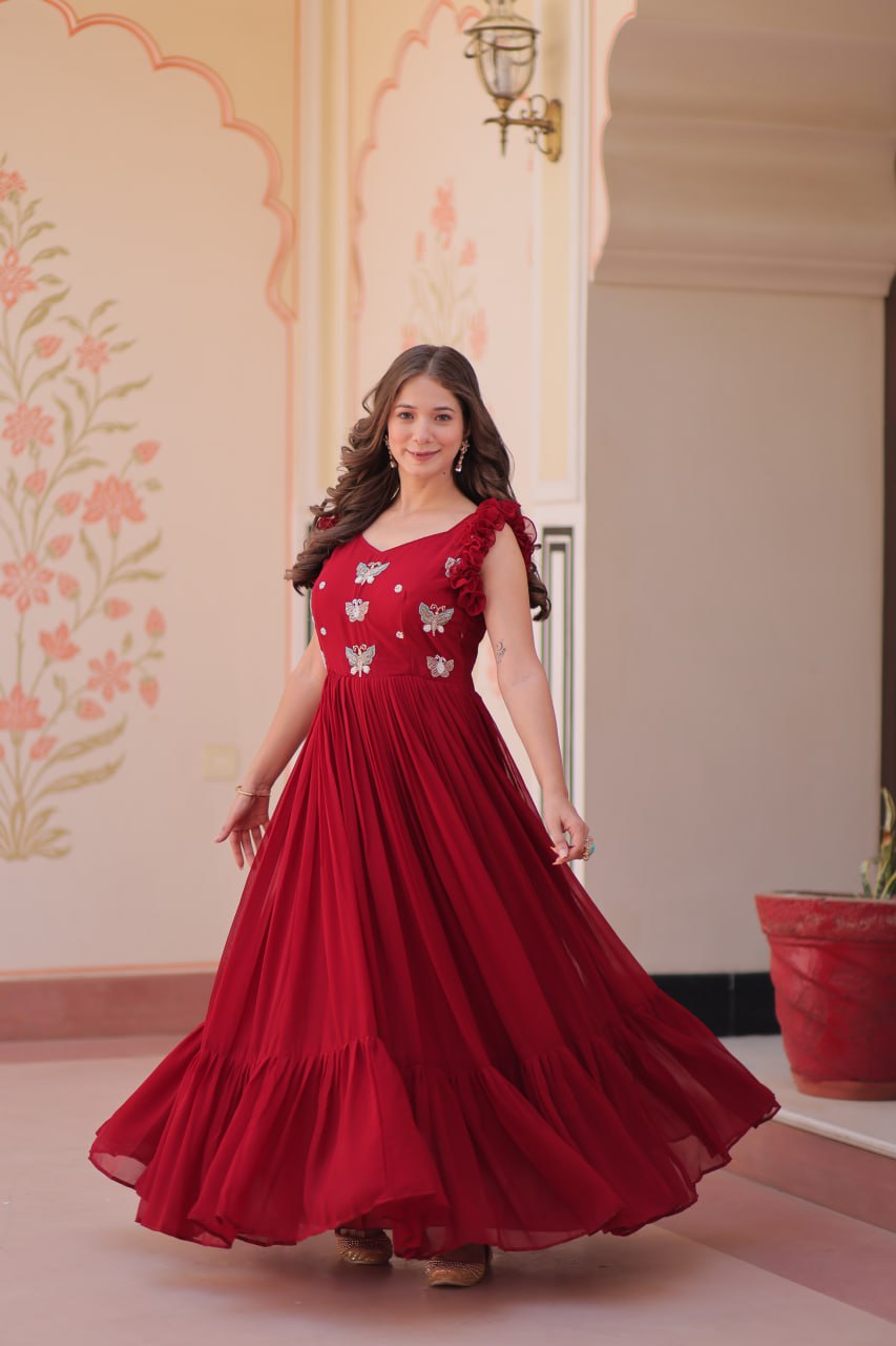 Maroon Luxe Faux Blooming Embroidered Gown with Double Frill Sleeves