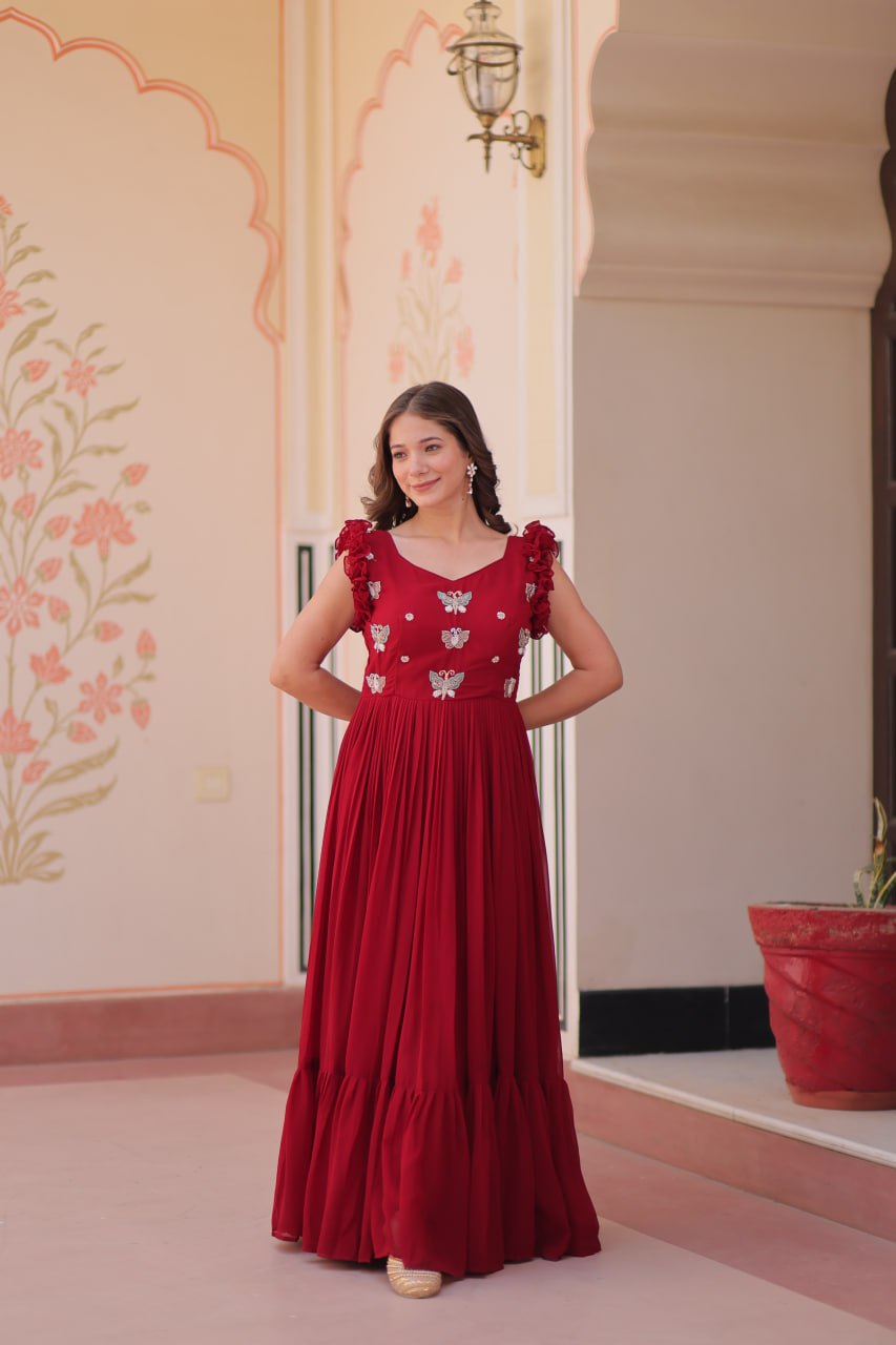 Maroon Luxe Faux Blooming Embroidered Gown with Double Frill Sleeves
