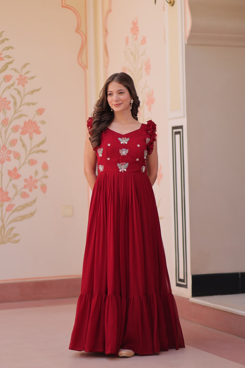 Maroon Luxe Faux Blooming Embroidered Gown with Double Frill Sleeves