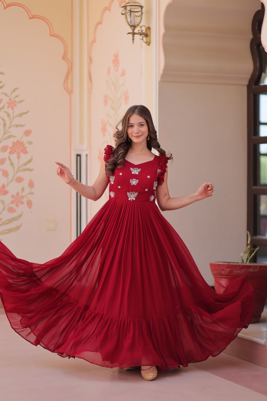 Maroon Luxe Faux Blooming Embroidered Gown with Double Frill Sleeves
