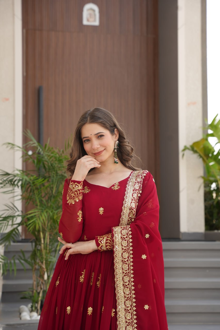 Maroon Luxury Faux Blooming Zari & Sequins Embroidered Designer Gown with Matching Dupatta – Stitched Premium Ensemble