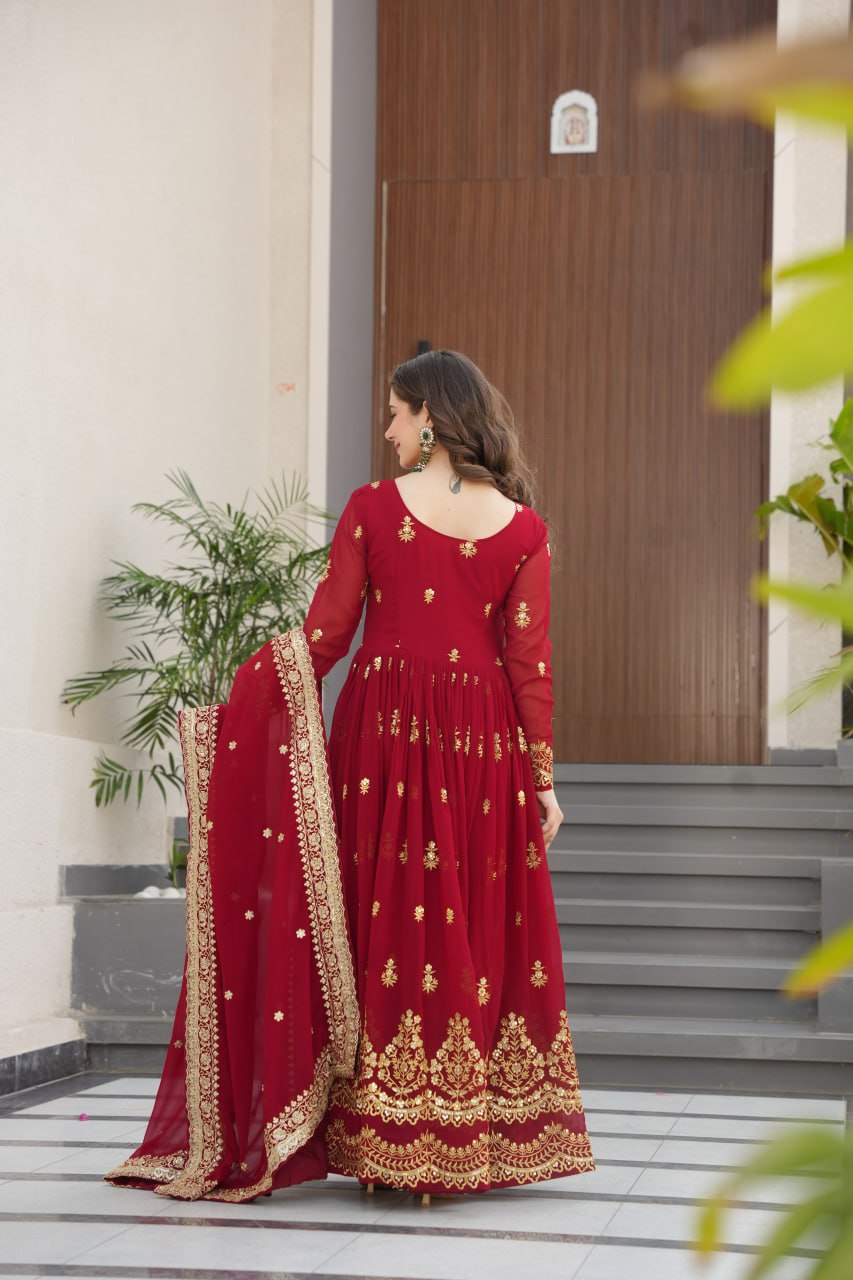 Maroon Luxury Faux Blooming Zari & Sequins Embroidered Designer Gown with Matching Dupatta – Stitched Premium Ensemble