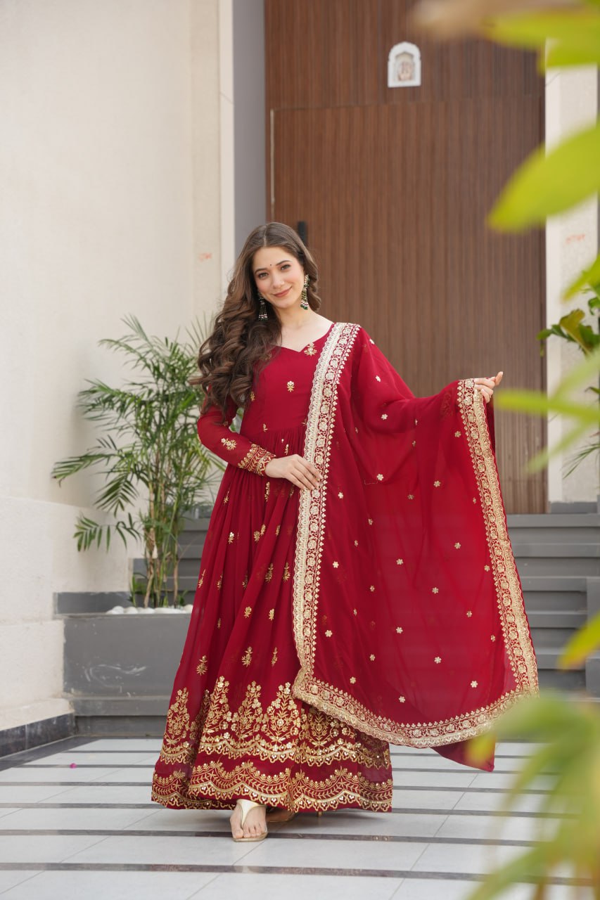 Maroon Luxury Faux Blooming Zari & Sequins Embroidered Designer Gown with Matching Dupatta – Stitched Premium Ensemble