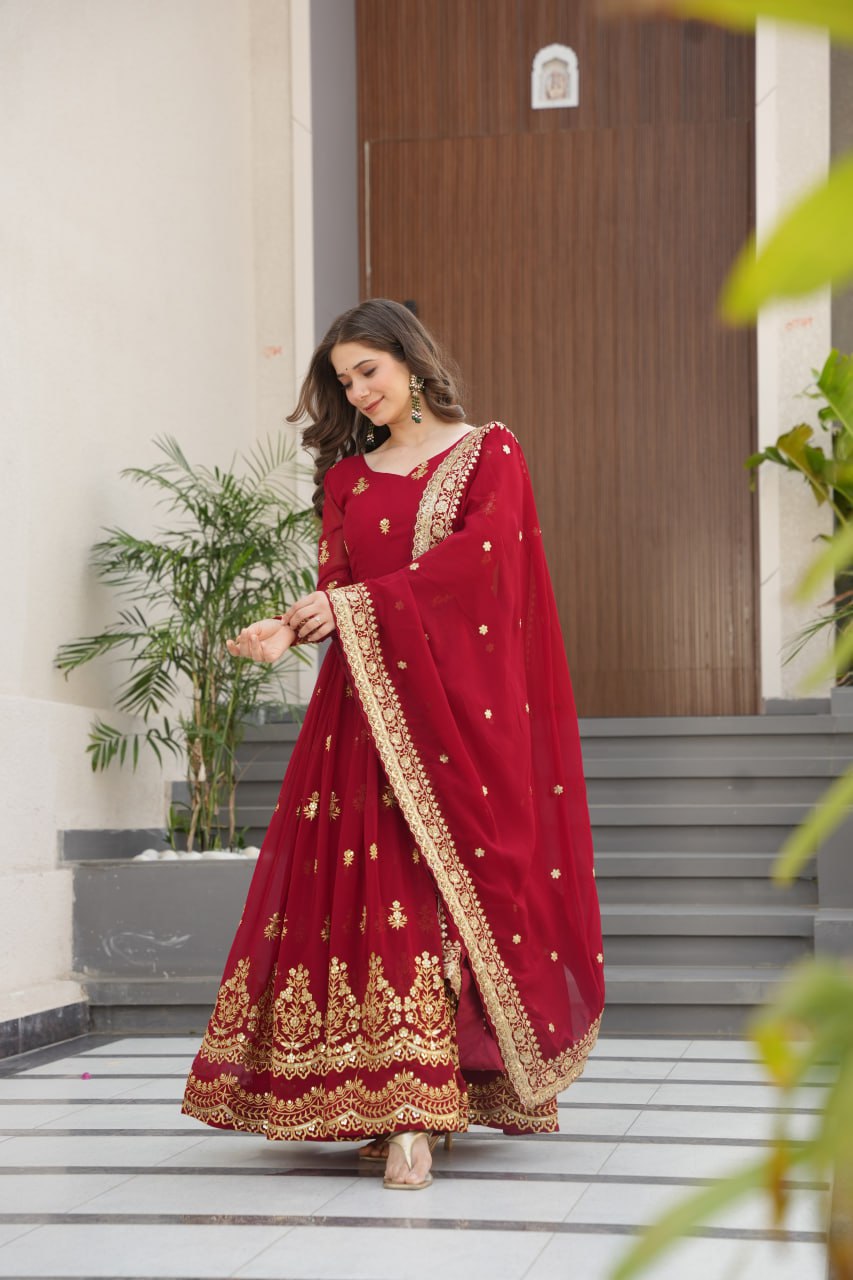 Maroon Luxury Faux Blooming Zari & Sequins Embroidered Designer Gown with Matching Dupatta – Stitched Premium Ensemble