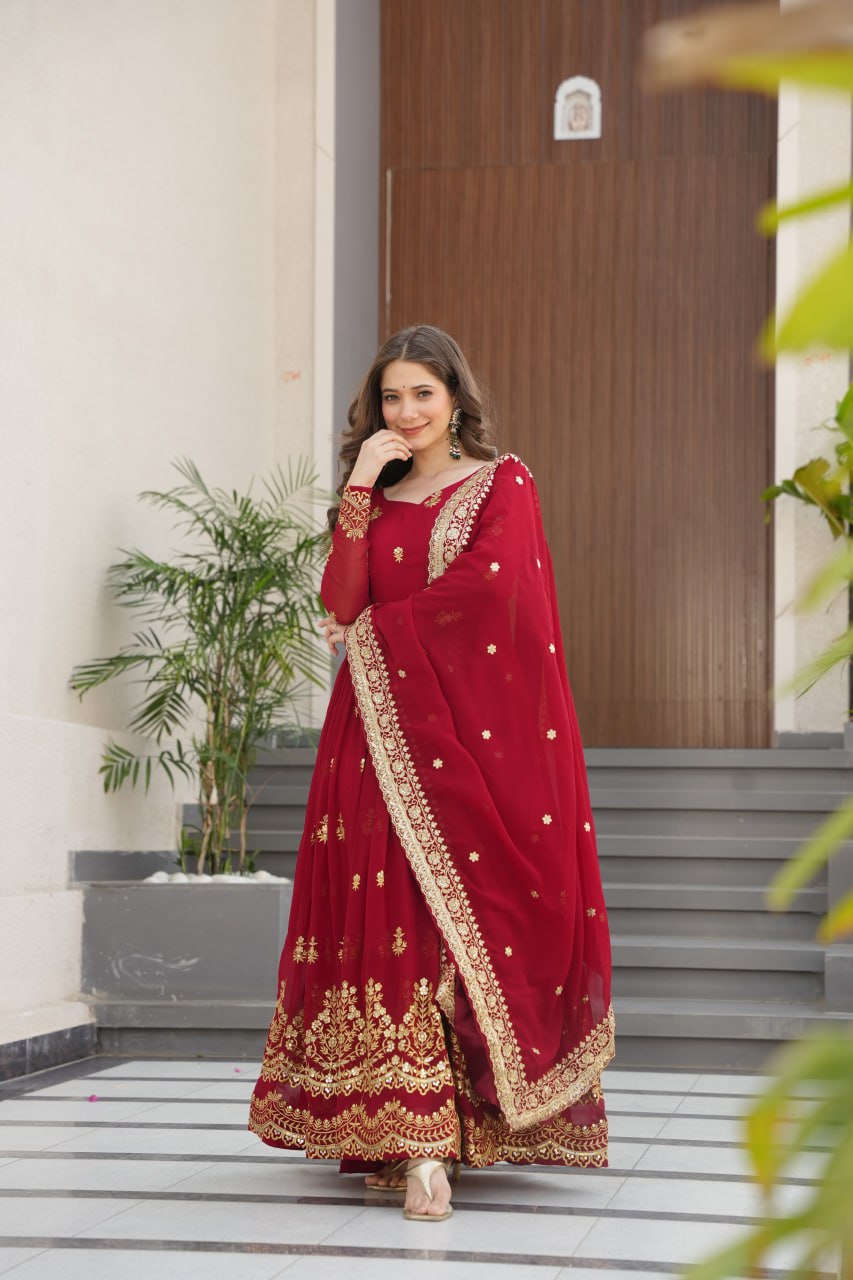 Maroon Luxury Faux Blooming Zari & Sequins Embroidered Designer Gown with Matching Dupatta – Stitched Premium Ensemble