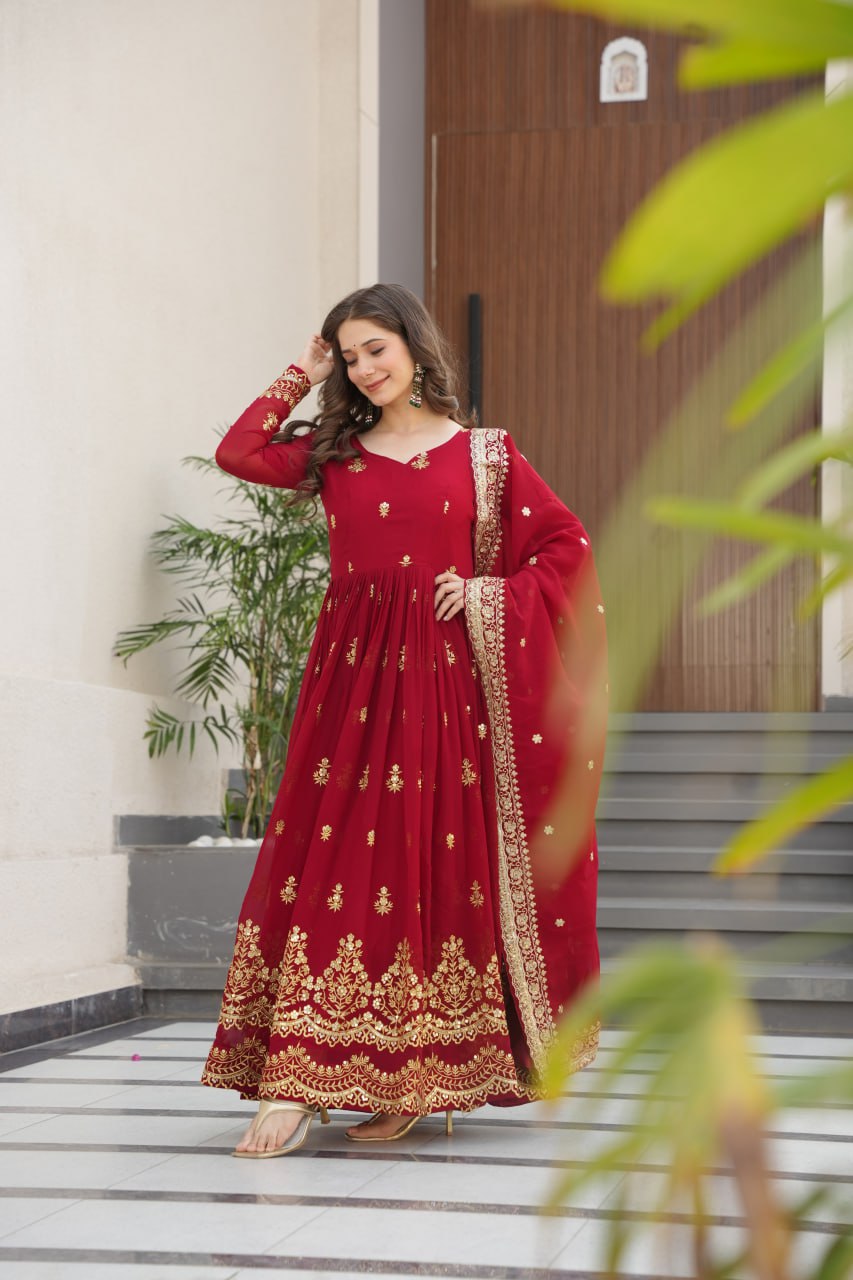 Maroon Luxury Faux Blooming Zari & Sequins Embroidered Designer Gown with Matching Dupatta – Stitched Premium Ensemble