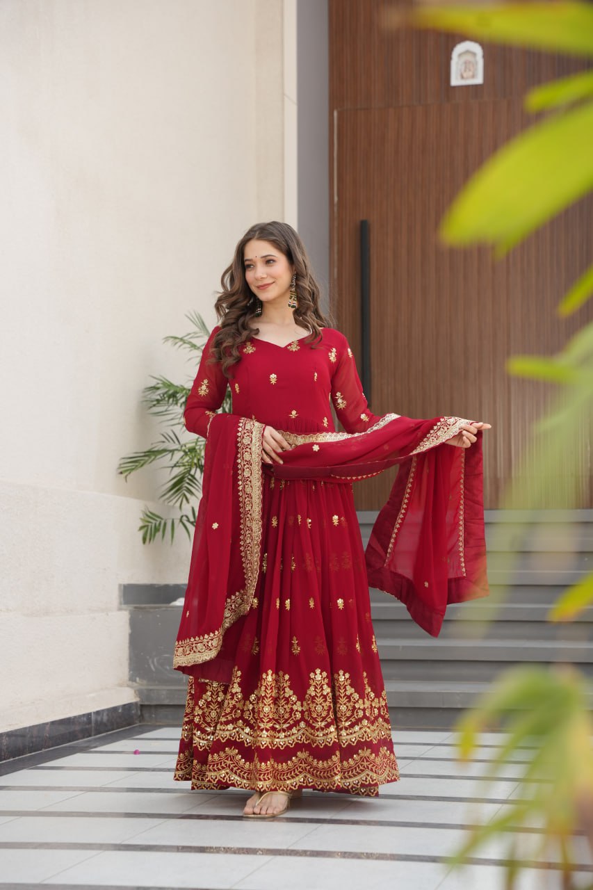 Maroon Luxury Faux Blooming Zari & Sequins Embroidered Designer Gown with Matching Dupatta – Stitched Premium Ensemble