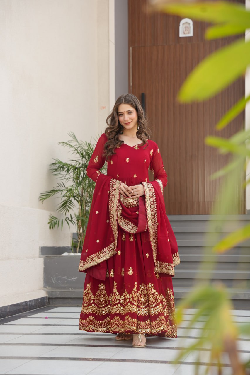 Maroon Luxury Faux Blooming Zari & Sequins Embroidered Designer Gown with Matching Dupatta – Stitched Premium Ensemble