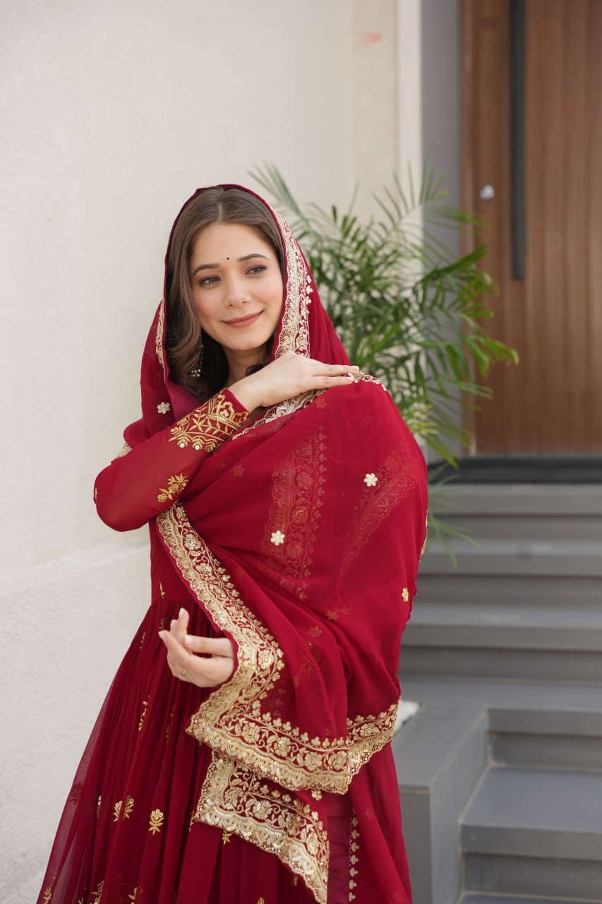 Maroon Luxury Faux Blooming Zari & Sequins Embroidered Designer Gown with Matching Dupatta – Stitched Premium Ensemble