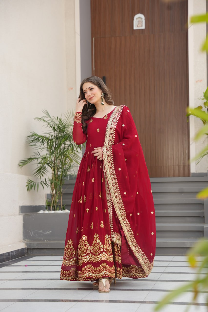 Maroon Luxury Faux Blooming Zari & Sequins Embroidered Designer Gown with Matching Dupatta – Stitched Premium Ensemble