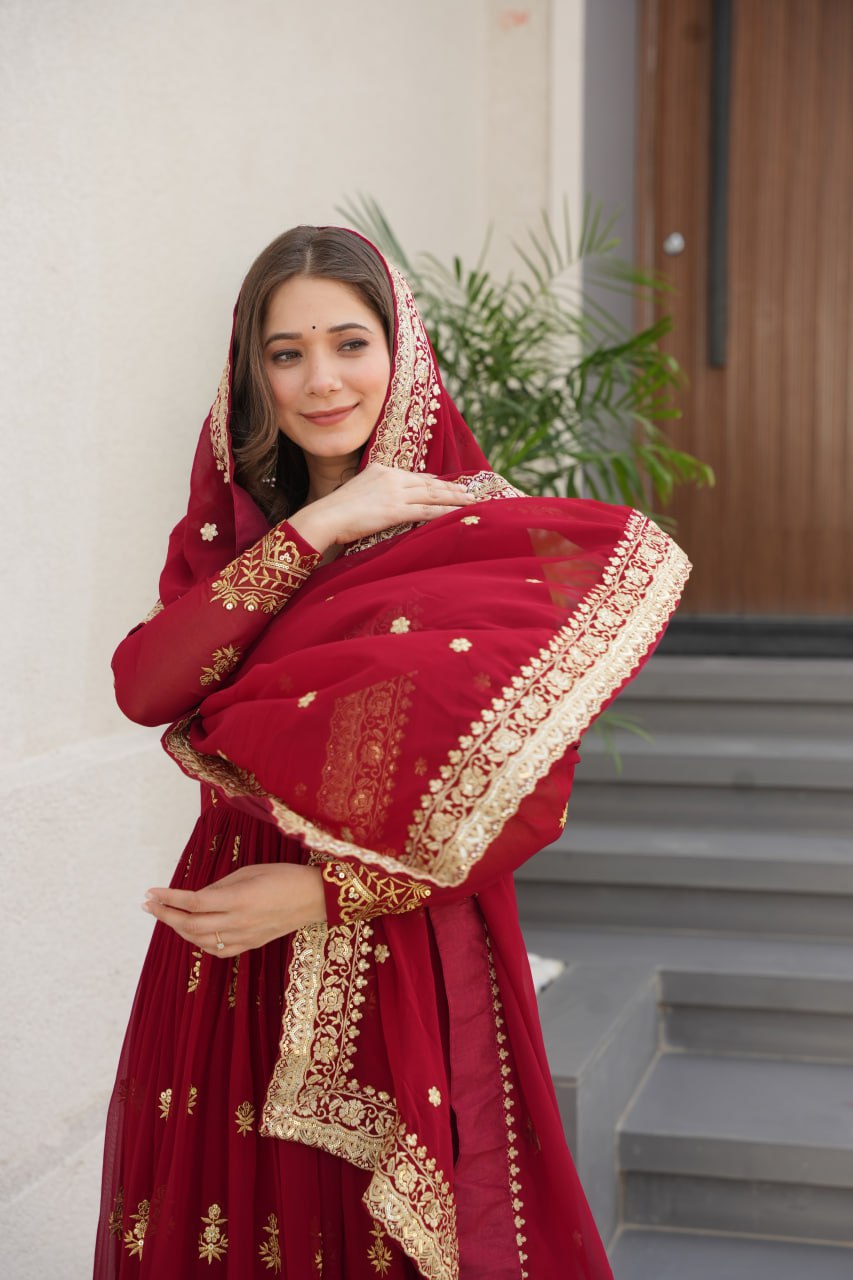 Maroon Luxury Faux Blooming Zari & Sequins Embroidered Designer Gown with Matching Dupatta – Stitched Premium Ensemble