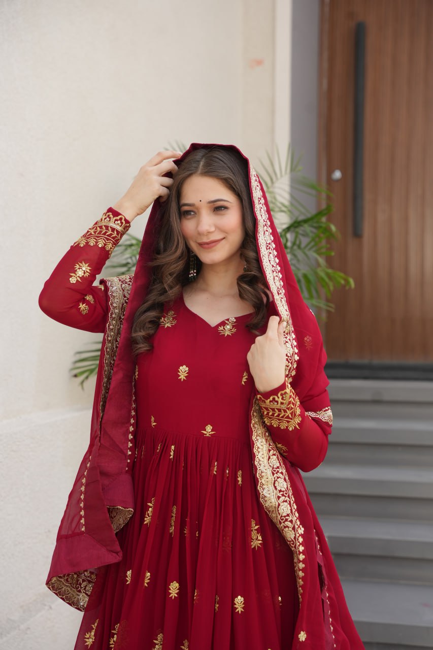 Maroon Luxury Faux Blooming Zari & Sequins Embroidered Designer Gown with Matching Dupatta – Stitched Premium Ensemble