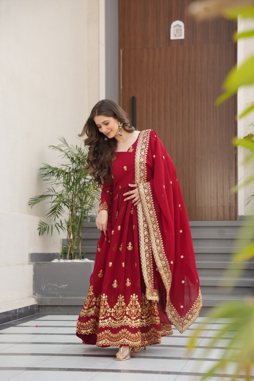 Maroon Luxury Faux Blooming Zari & Sequins Embroidered Designer Gown with Matching Dupatta – Stitched Premium Ensemble