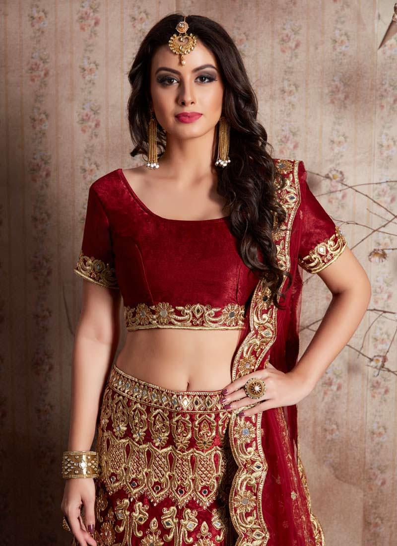 Maroon Machine Embroidery Lehenga Choli With Mirror Work