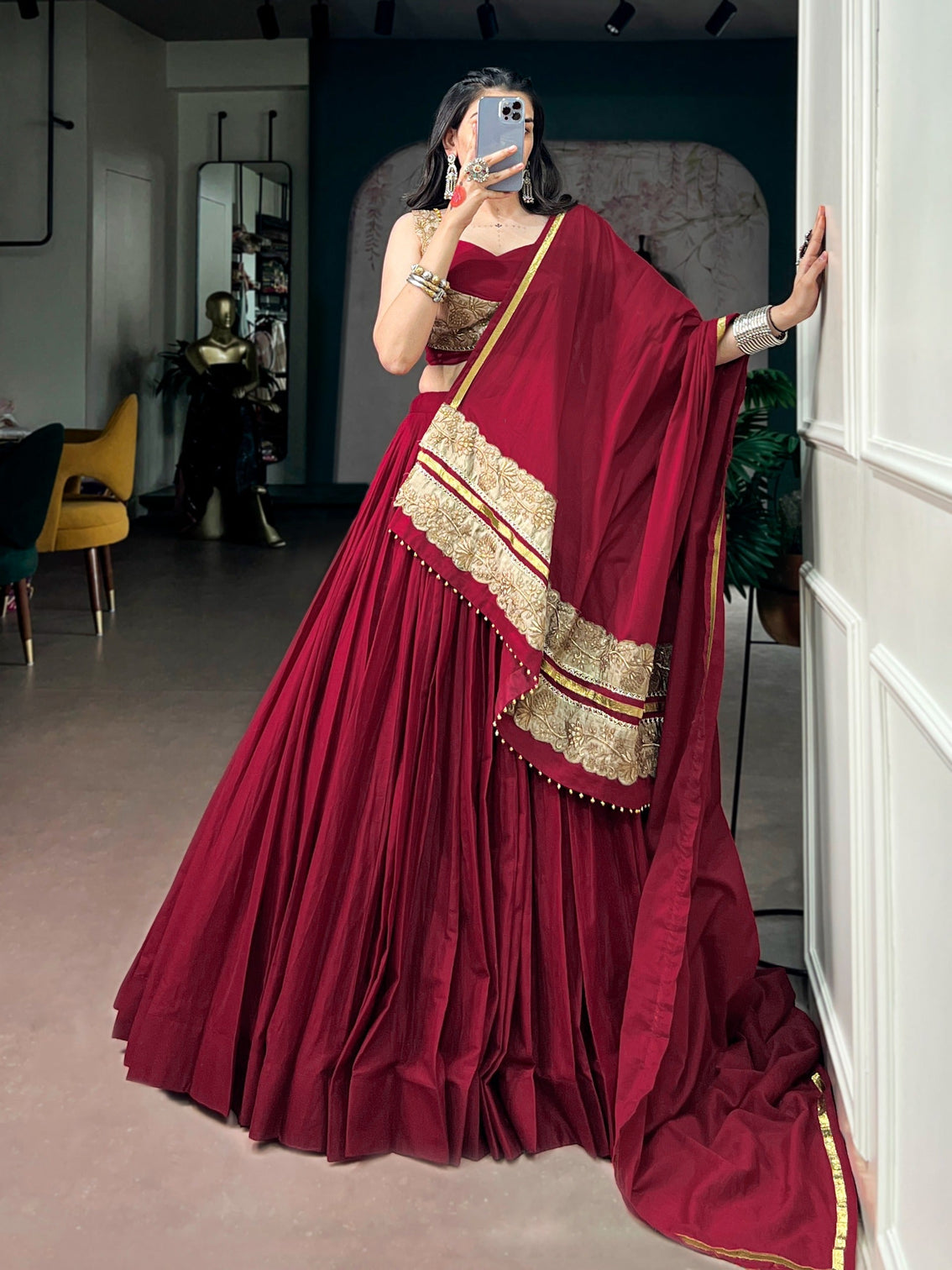 Maroon Mal Cotton Flared Lehenga Choli