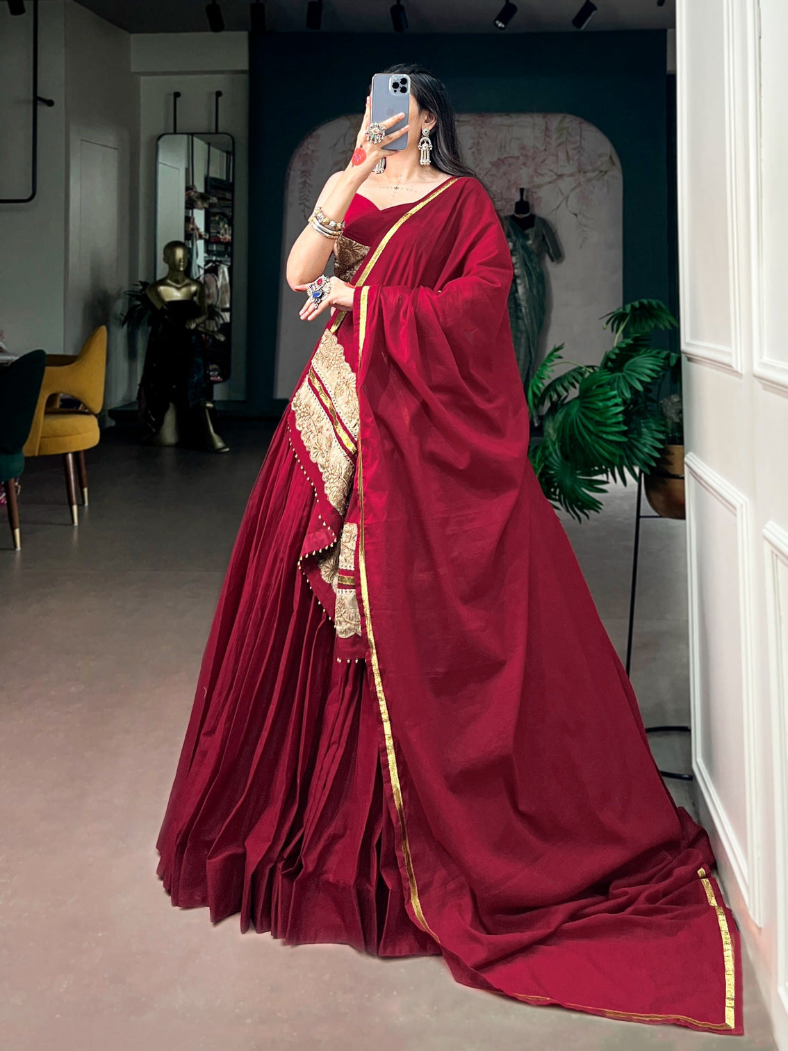 Maroon Mal Cotton Flared Lehenga Choli