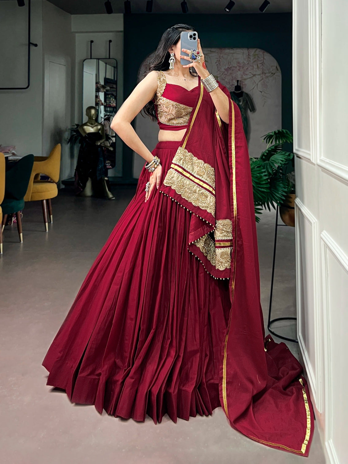 Maroon Mal Cotton Flared Lehenga Choli