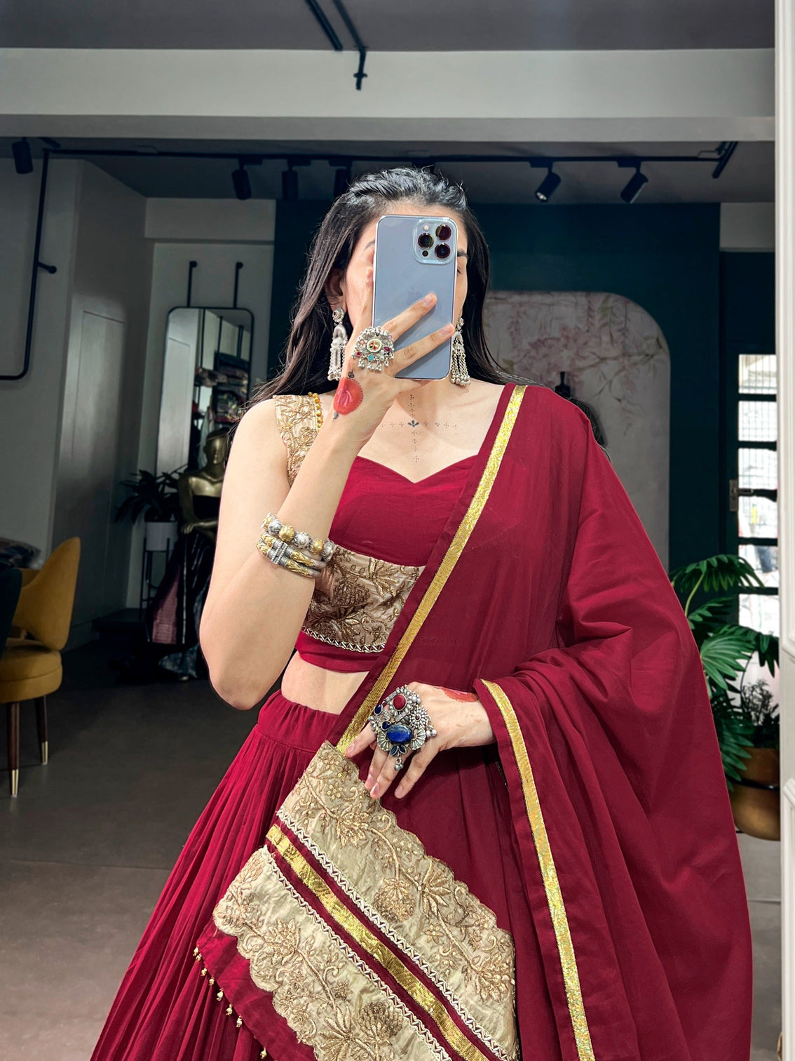 Maroon Mal Cotton Flared Lehenga Choli