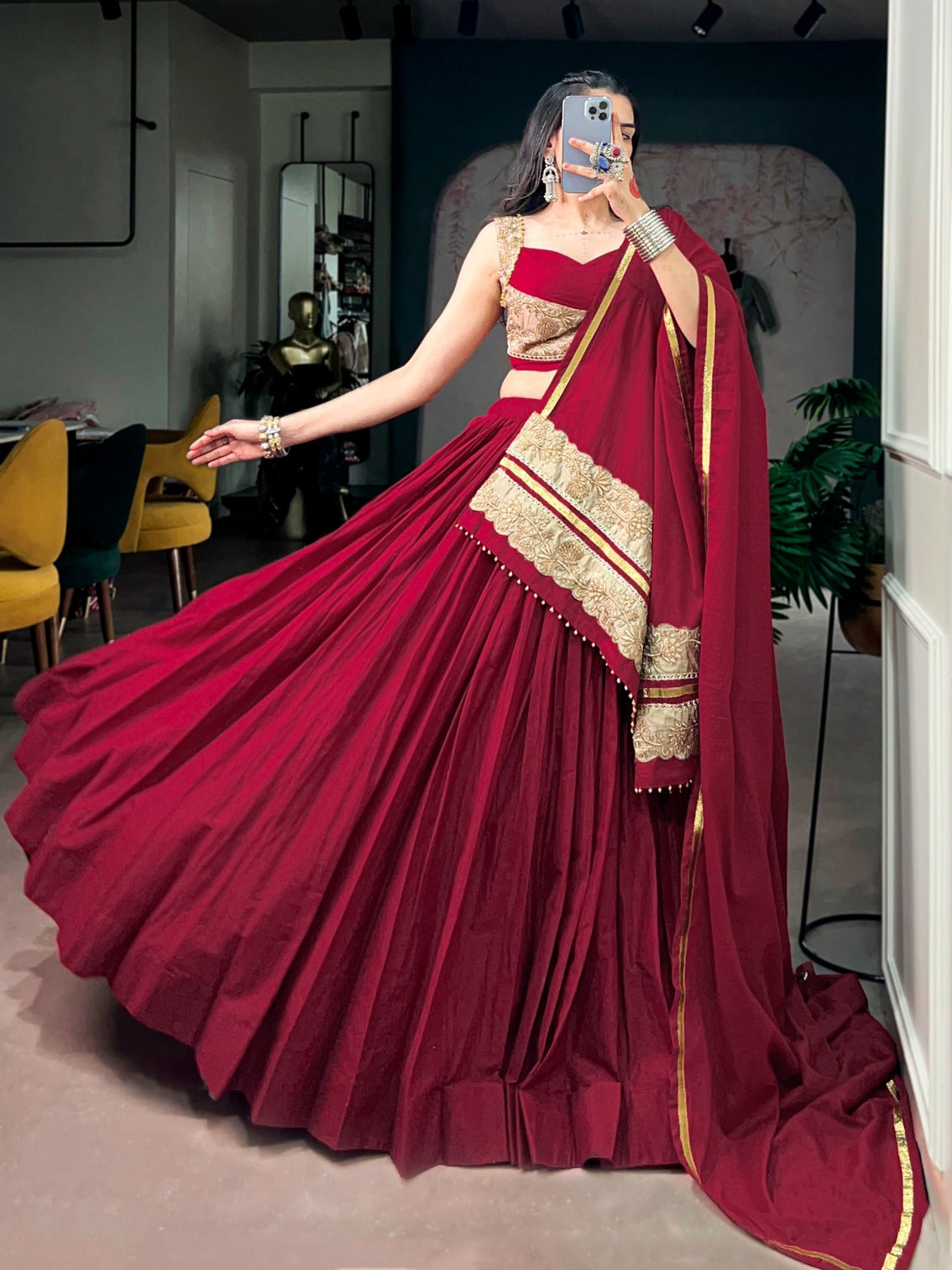 Maroon Mal Cotton Flared Lehenga Choli