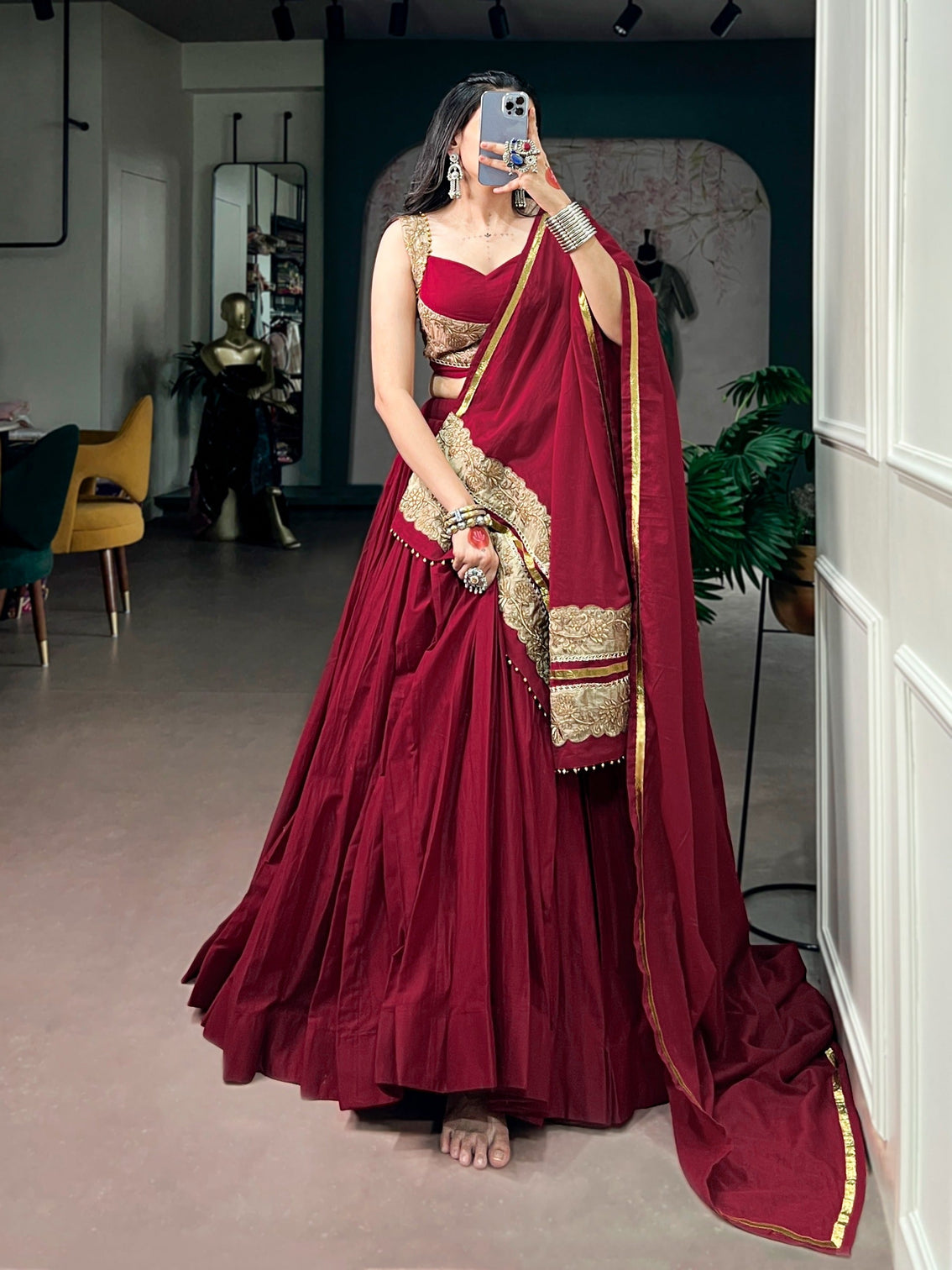 Maroon Mal Cotton Flared Lehenga Choli