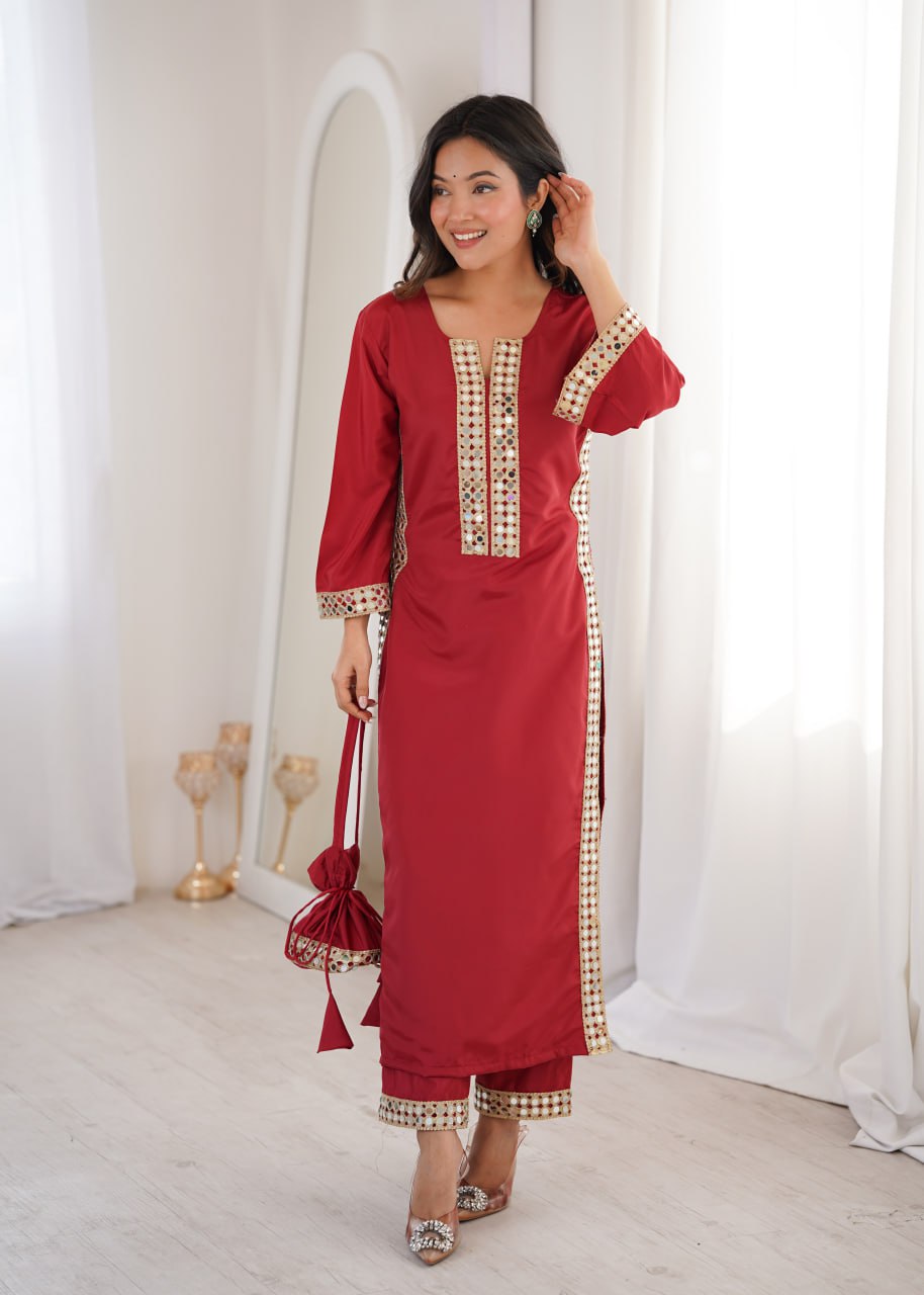 Maroon Mirror Work Kurti Pant Set & Batwa