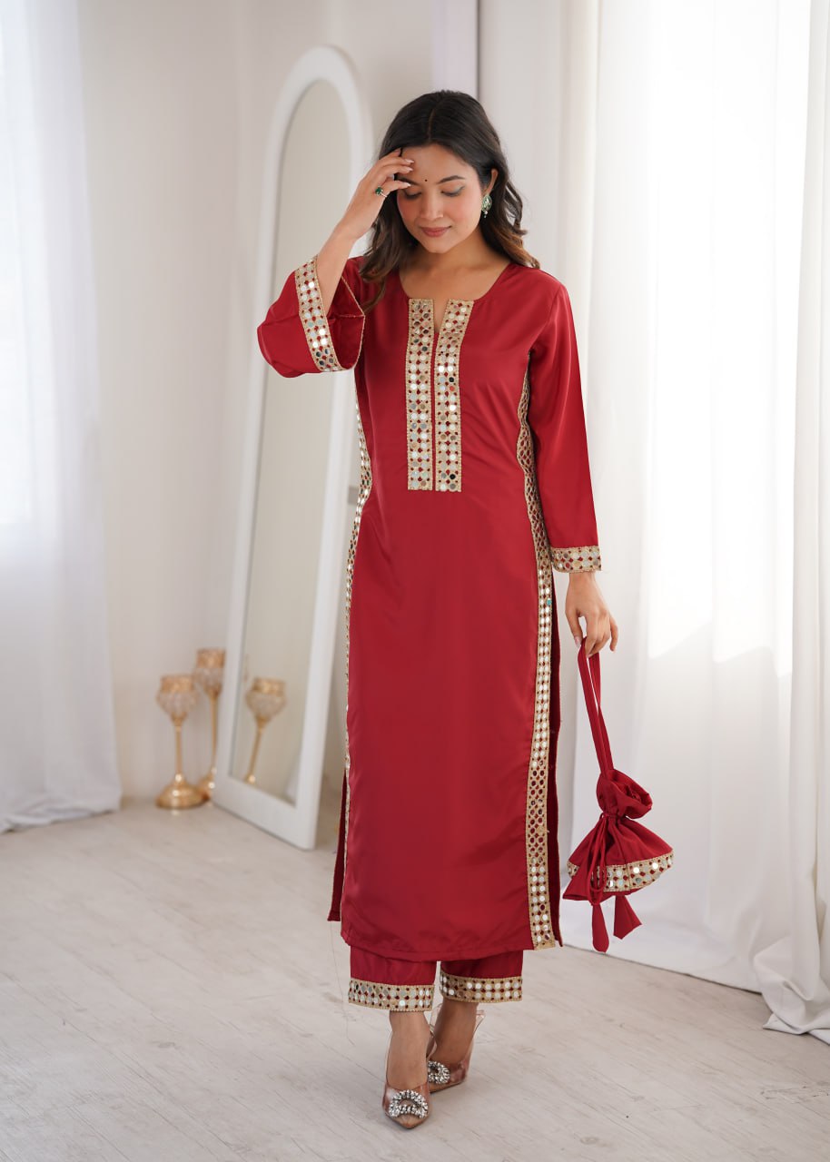 Maroon Mirror Work Kurti Pant Set & Batwa