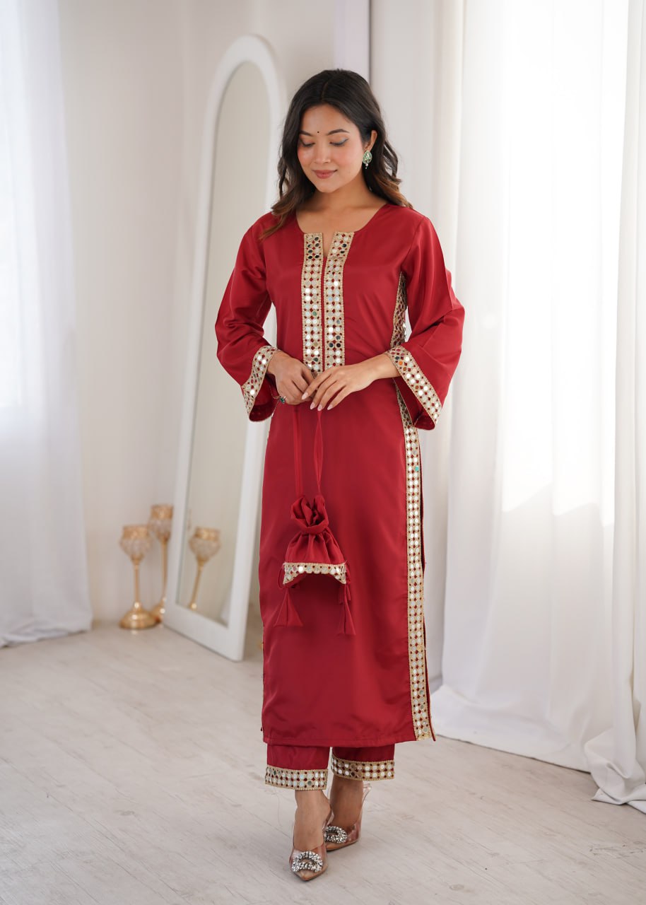 Maroon Mirror Work Kurti Pant Set & Batwa