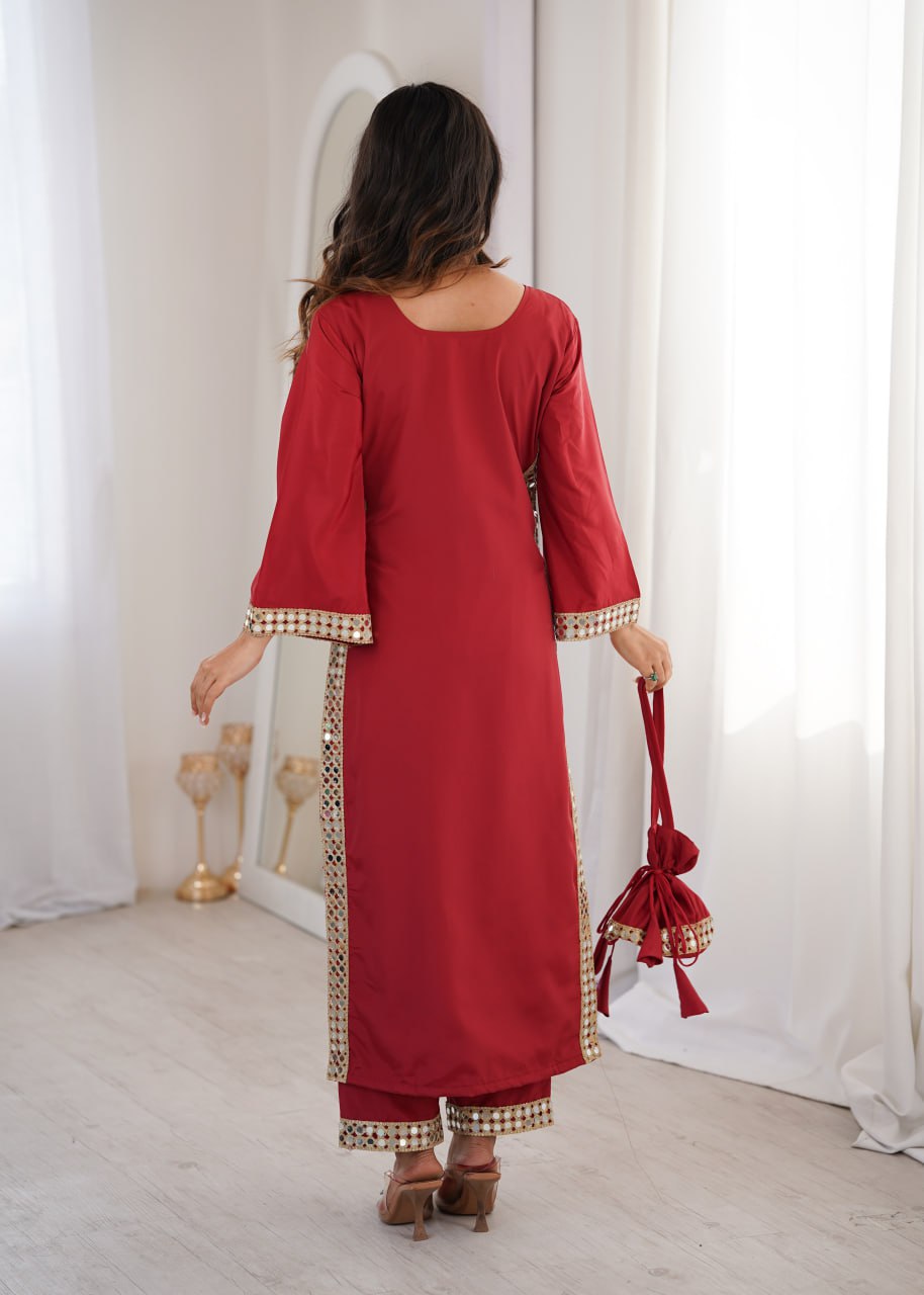 Maroon Mirror Work Kurti Pant Set & Batwa