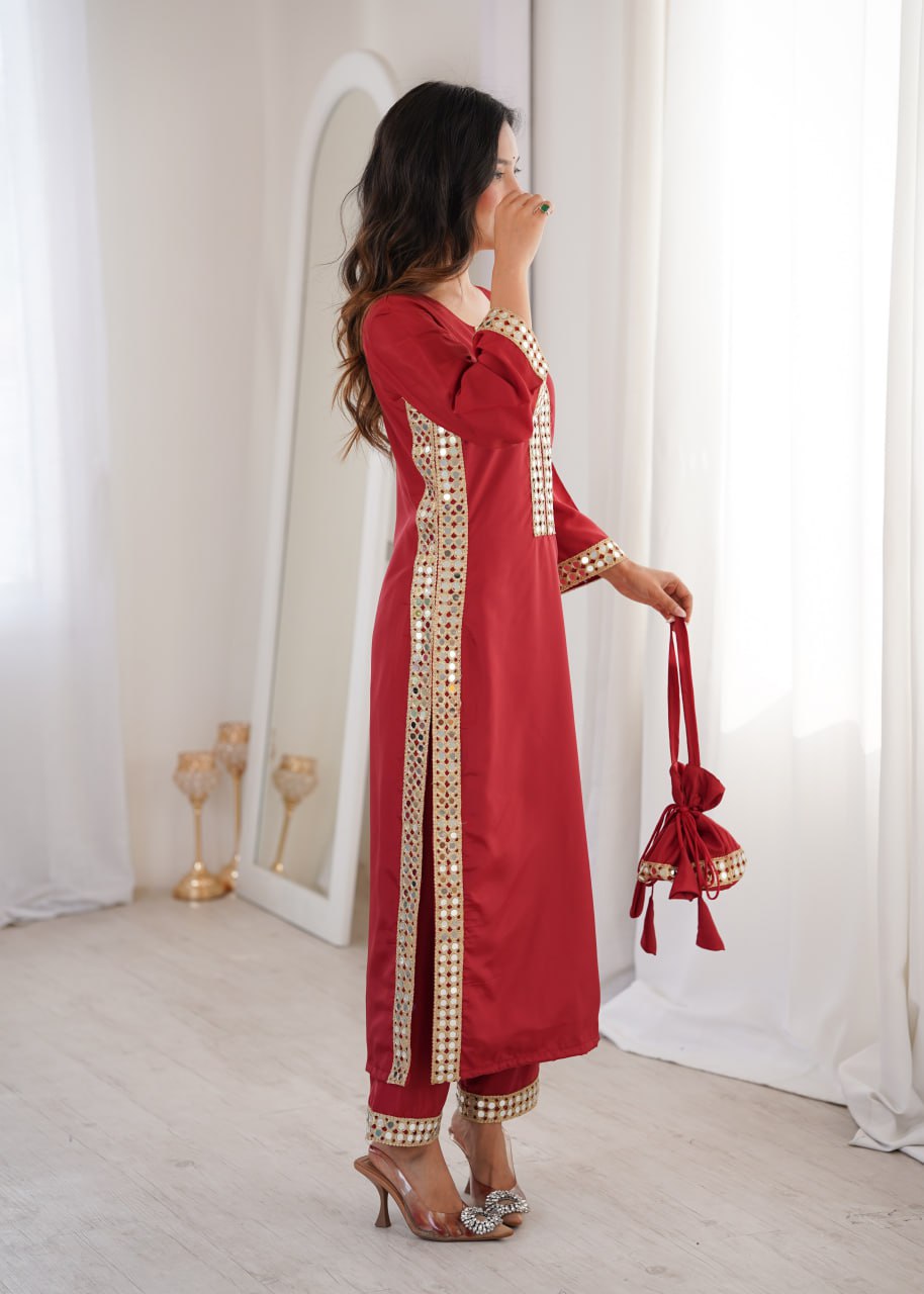 Maroon Mirror Work Kurti Pant Set & Batwa