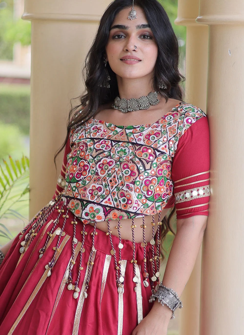 Maroon mirror work lehenga choli for navratri garba
