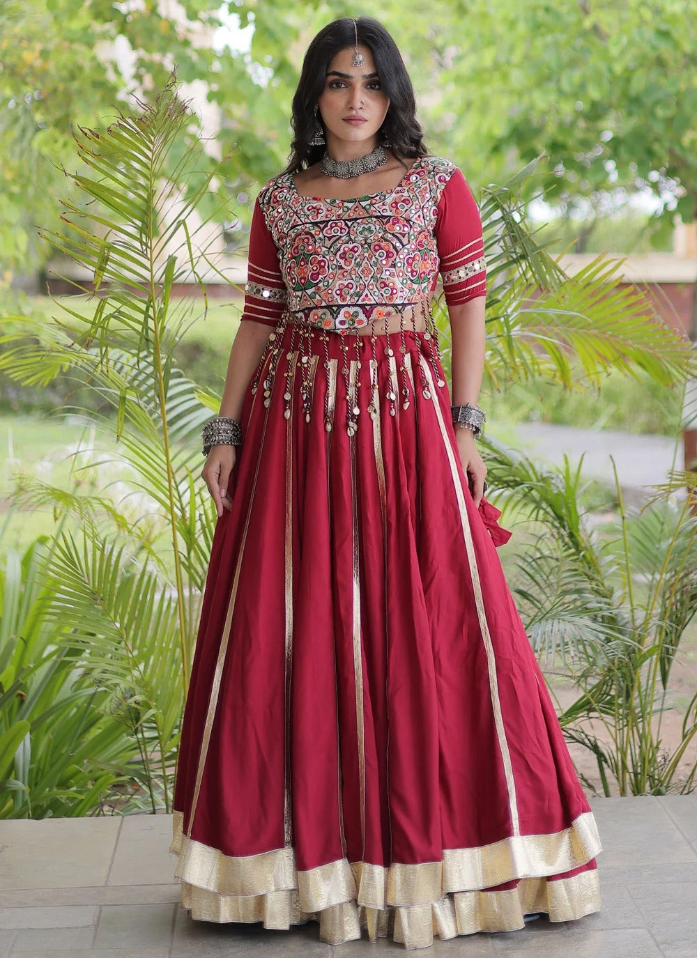 Maroon mirror work lehenga choli for navratri garba