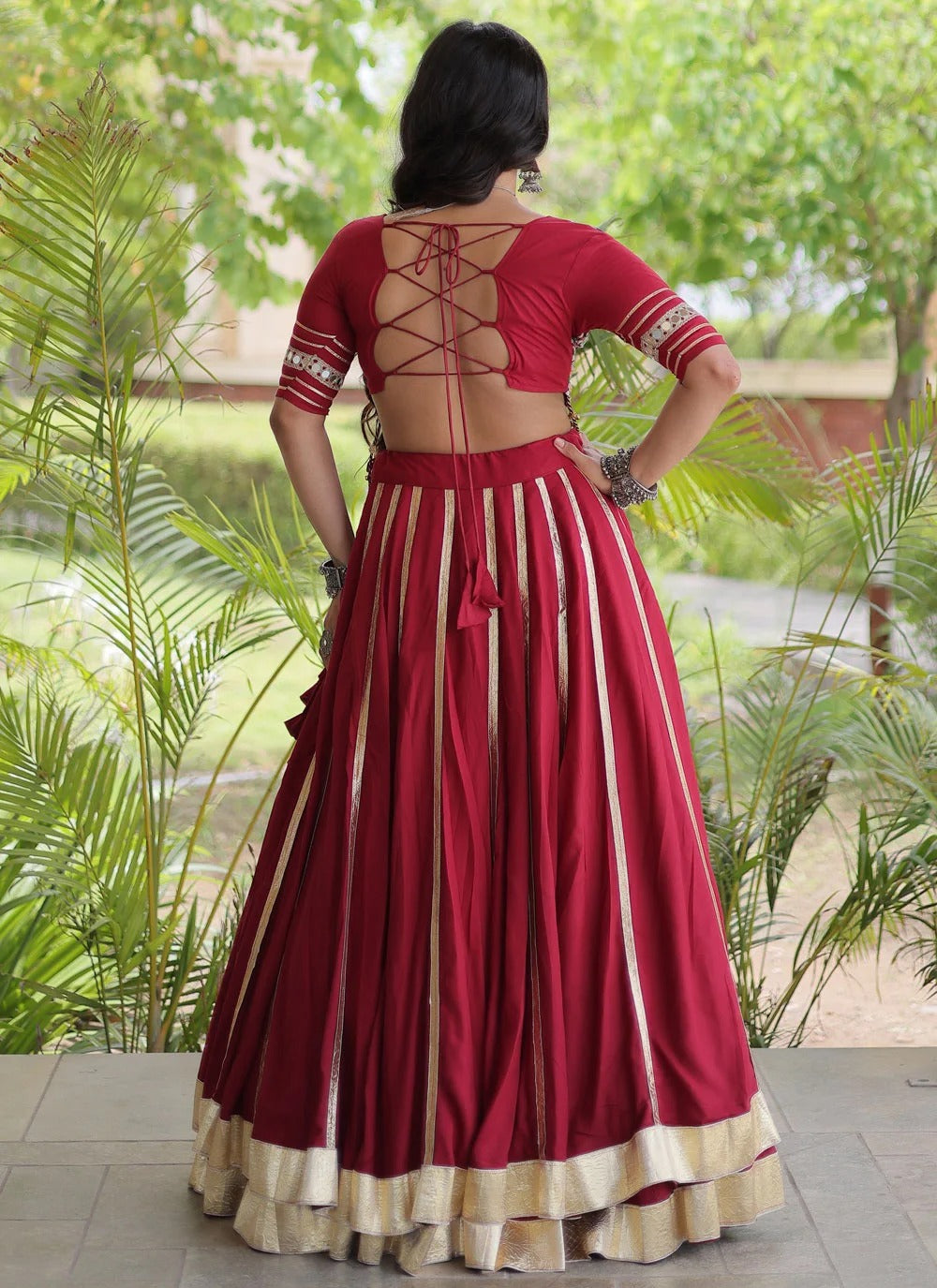 Maroon mirror work lehenga choli for navratri garba