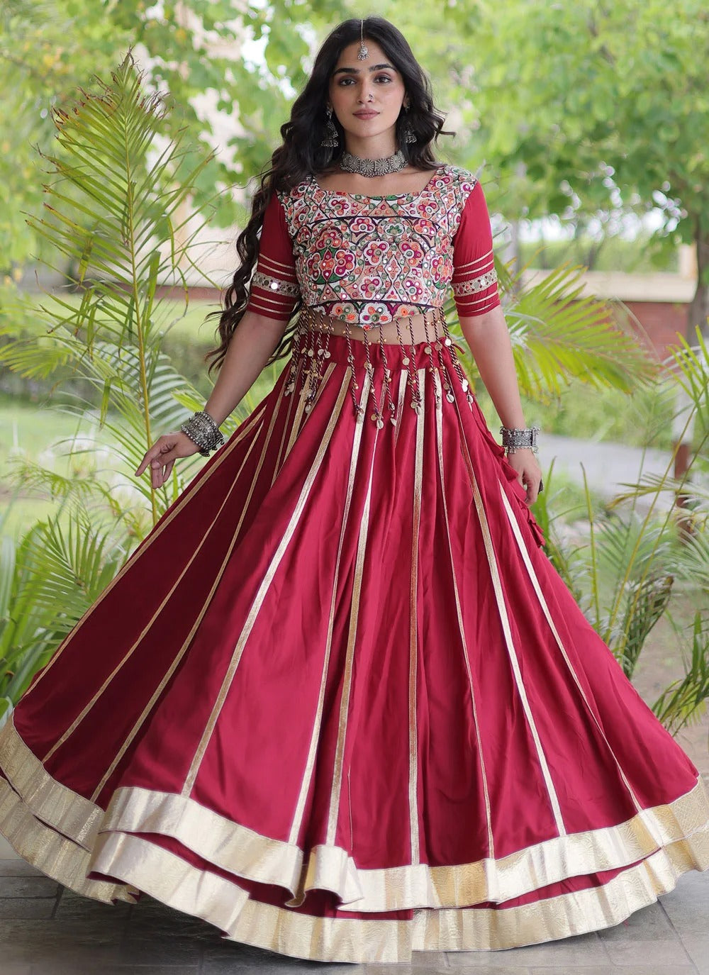 Maroon mirror work lehenga choli for navratri garba