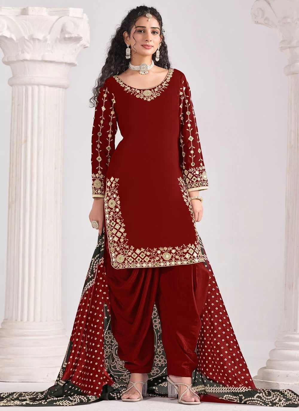 Elegant maroon real mirror work roman silk punjabi patiyala suit