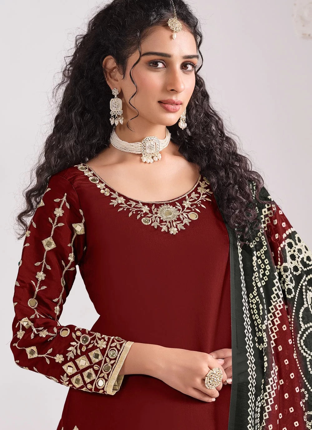 Elegant maroon real mirror work roman silk punjabi patiyala suit