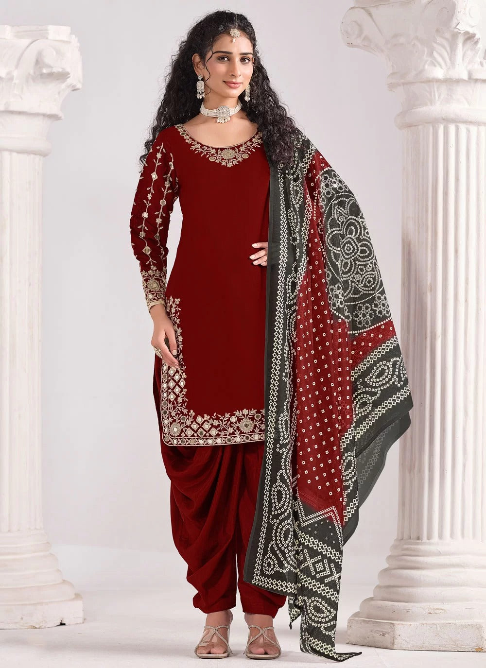 Elegant maroon real mirror work roman silk punjabi patiyala suit