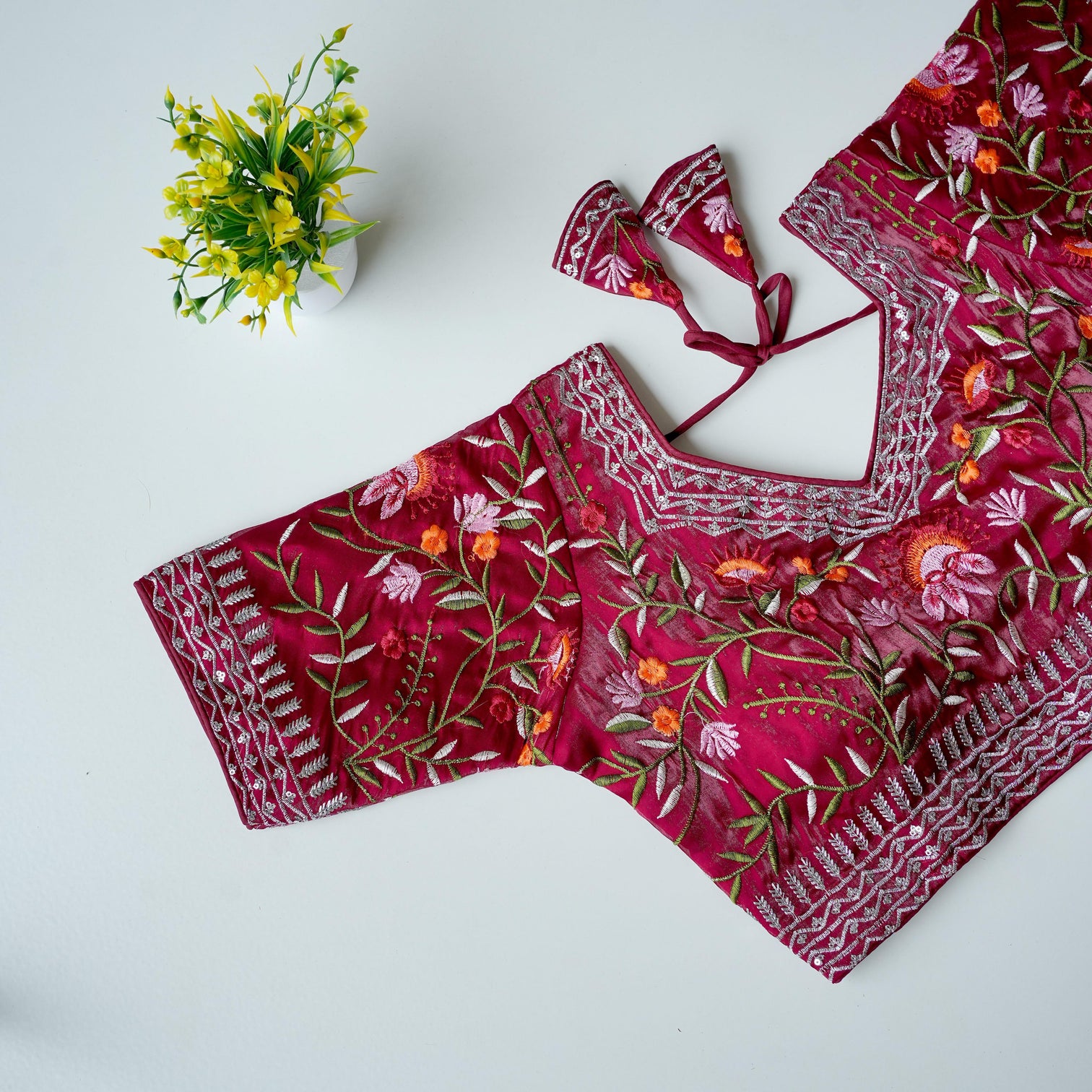 Maroon Multi-Color Embroidered Silk Blouse