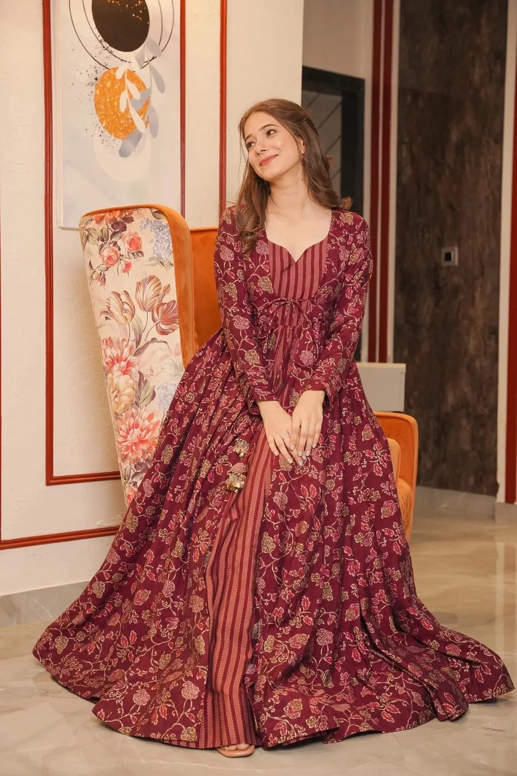 Maroon Muslin Digital Print Suit with Shrug