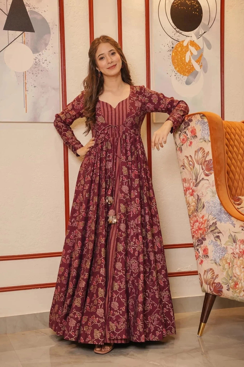 Maroon Muslin Digital Print Suit with Shrug